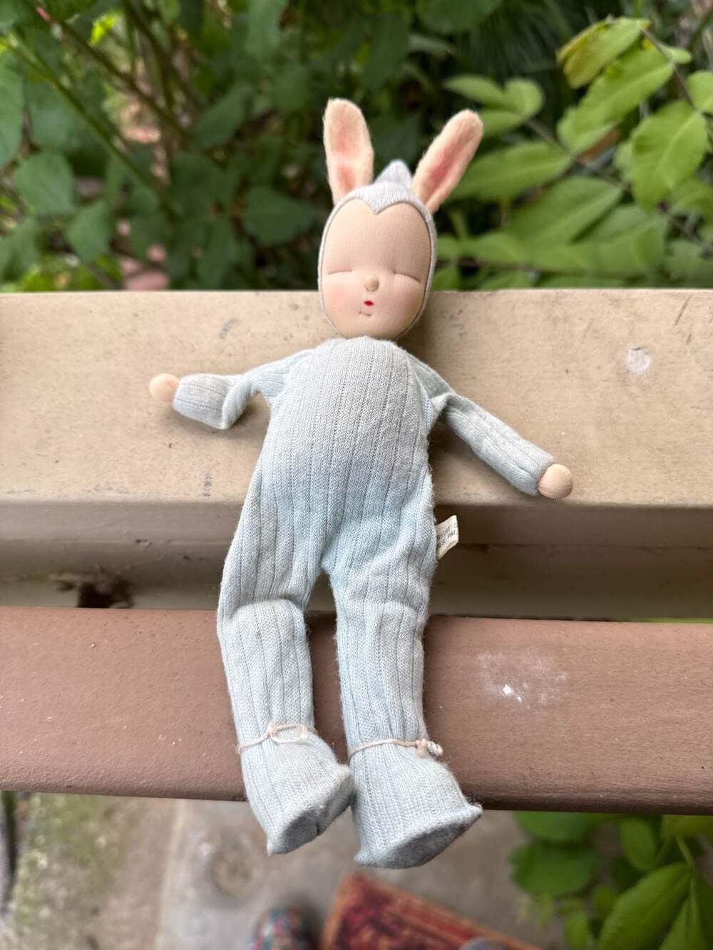Vintage Bambina Sleeping Bunny Rabbit Doll in Blue Ribbed Outfit